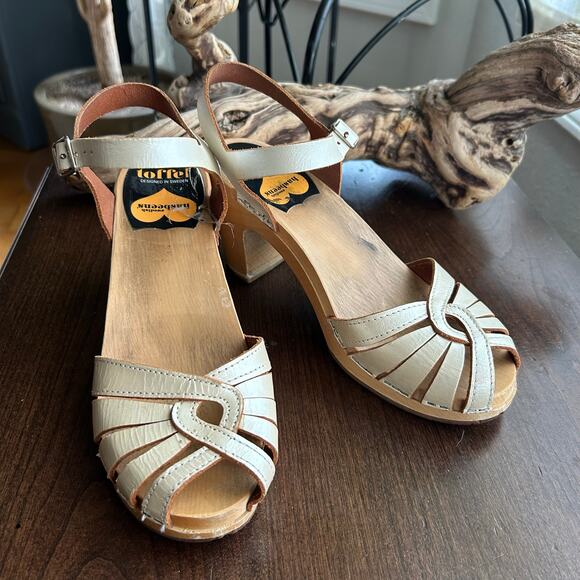 Swedish Hasbeens clogs EU 39 US 9 Sky High Leather Woven Wood Heel sandals heels - Picture 1 of 9